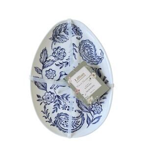 4pc Lillian August Egg Shaped Easter Bunny Melamine Plates 8x6 Blue White New